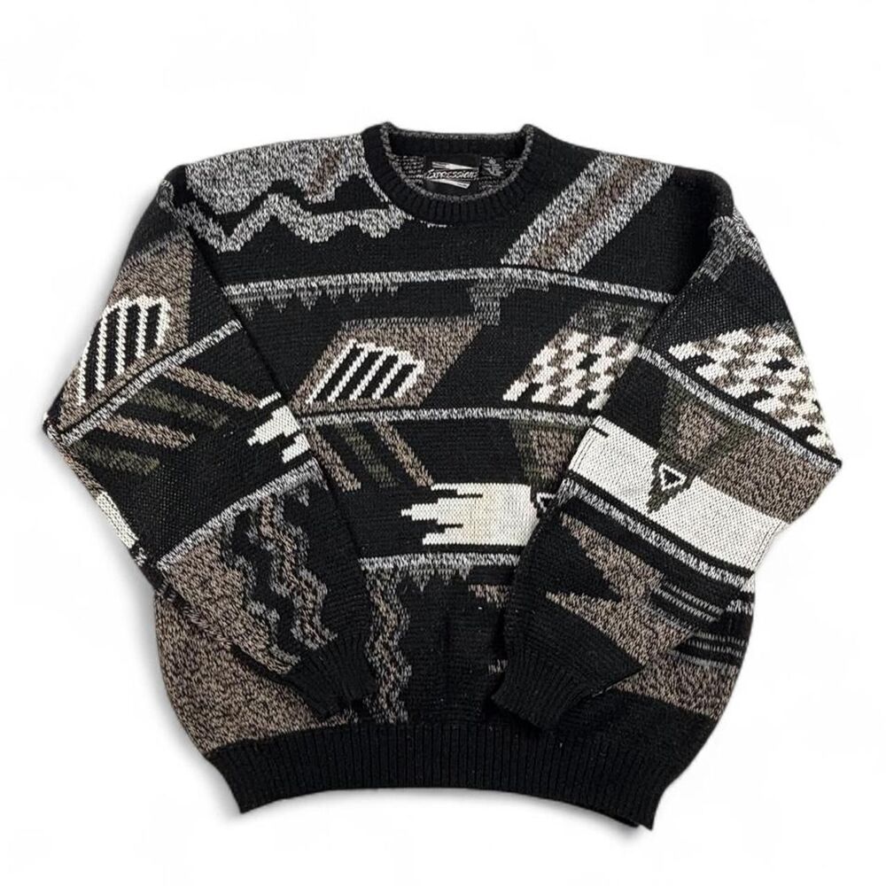 90s Vintage Knit Sweater Mens XL Black Grey Coogi Geometric Grunge Streetwear